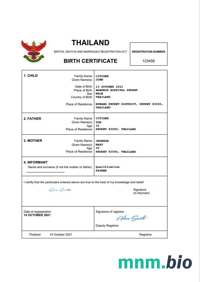 Thailand rekord życiowy narodziny certyfikat Word i PDF szablon